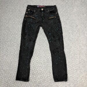 Demolition Jeans Mens 38x32 Black Paint Splatter Skinny Slim Moto Denim Art Norm